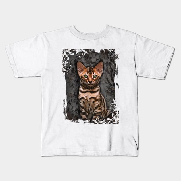 Bengal Kitten On Textured Background Kids T-Shirt by PhotoArts